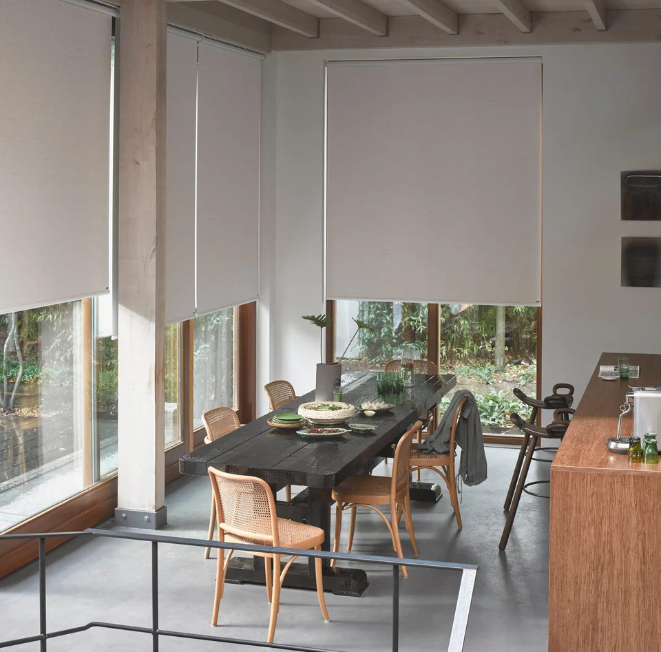 Hunter Douglas Designer Roller Shades on tall dining-room windows